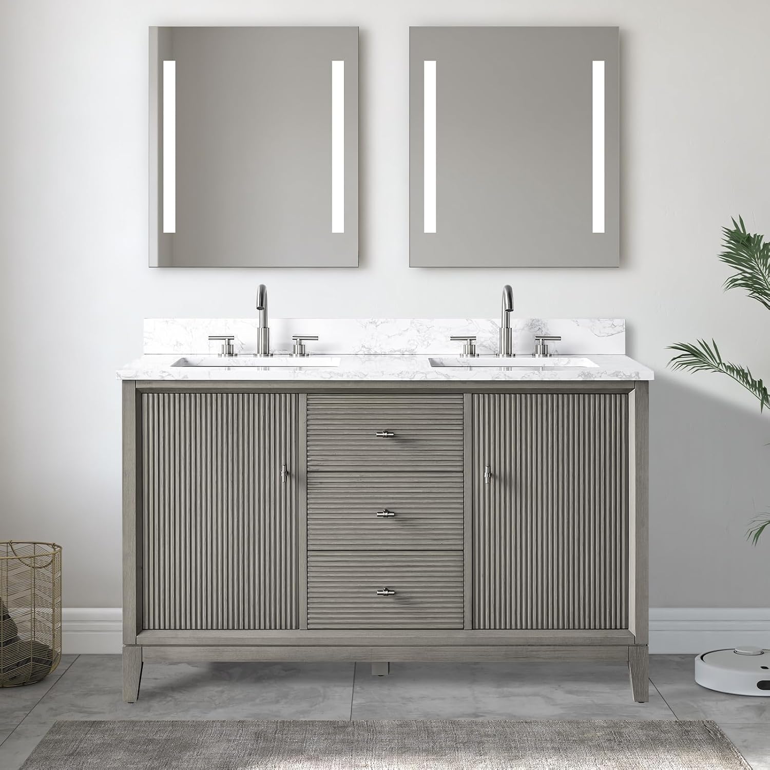 Vanity Art 54' Bathroom Vanity with Double Sink & Arabescato White Engineered Stone Top, Vanity Cabinet with Soft Closing Door, Solid Wood Frame, Brushed Nickel Handles, Driftwood Gray VA8154D-DG-BN
