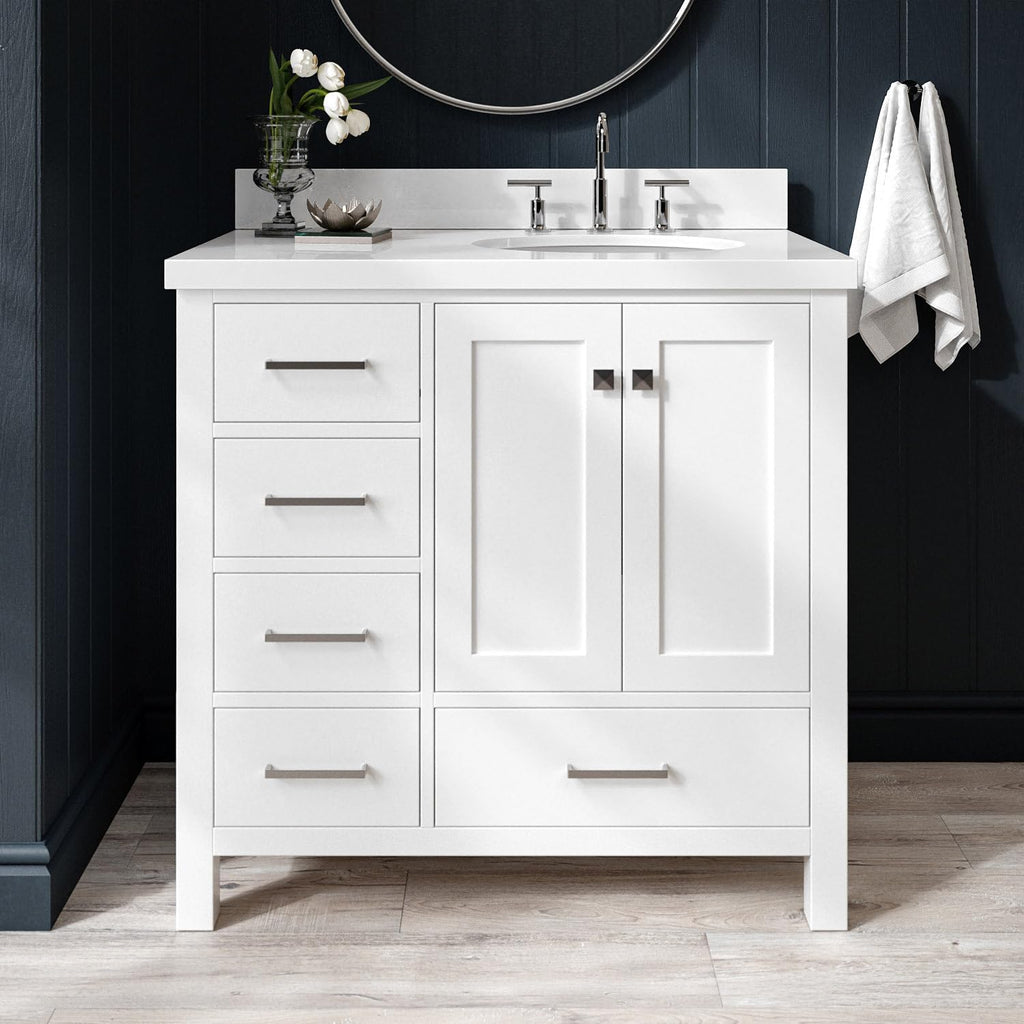 ARIEL Cambridge 36-inch Bathroom Vanity with Sink,Solid Wood, 1.5-inch Pure White Quartz Countertop & Backsplash, Single Oval Porcelain Sink, 2 Soft Closing Doors, 5 Dovetail Drawers, White