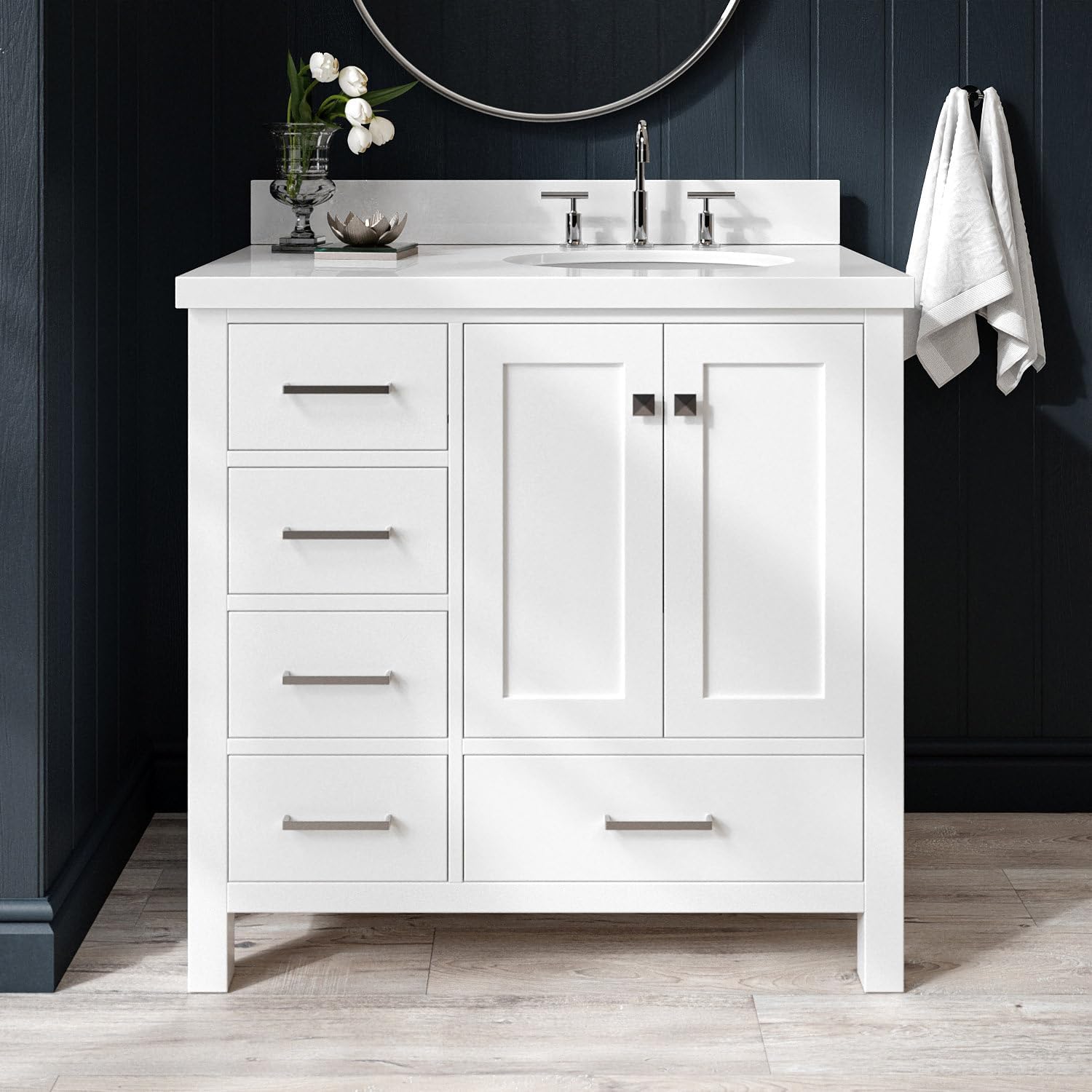 ARIEL Cambridge 36-inch Bathroom Vanity with Sink,Solid Wood, 1.5-inch Pure White Quartz Countertop & Backsplash, Single Oval Porcelain Sink, 2 Soft Closing Doors, 5 Dovetail Drawers, White