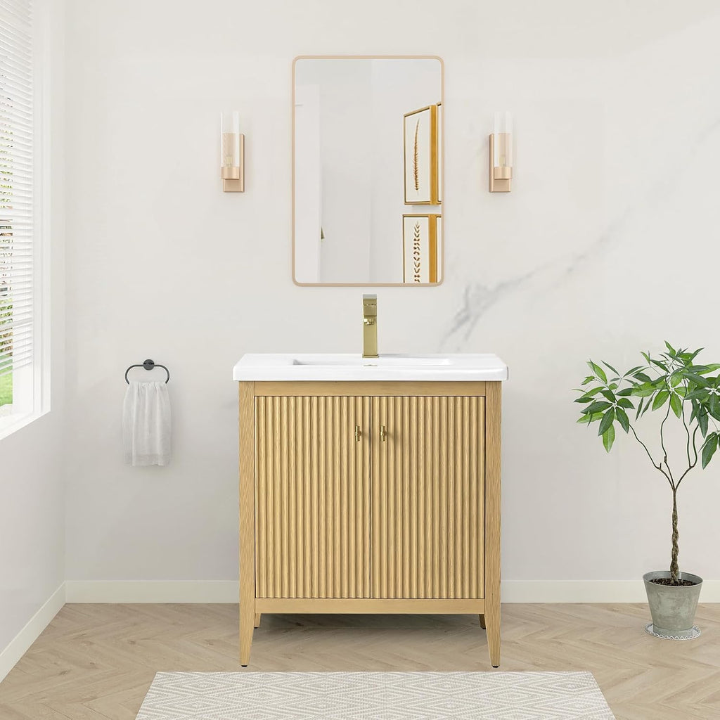 HOMEBEYOND 30' Bathroom Vanity with Ceramic Sink, Solid Wood Free-Standing Vanities Cabinet, Ceramic Top, Golden Brushed Handware & Soft Closing Door, Natural Oak