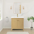 HOMEBEYOND 30' Bathroom Vanity with Ceramic Sink, Solid Wood Free-Standing Vanities Cabinet, Ceramic Top, Golden Brushed Handware & Soft Closing Door, Natural Oak