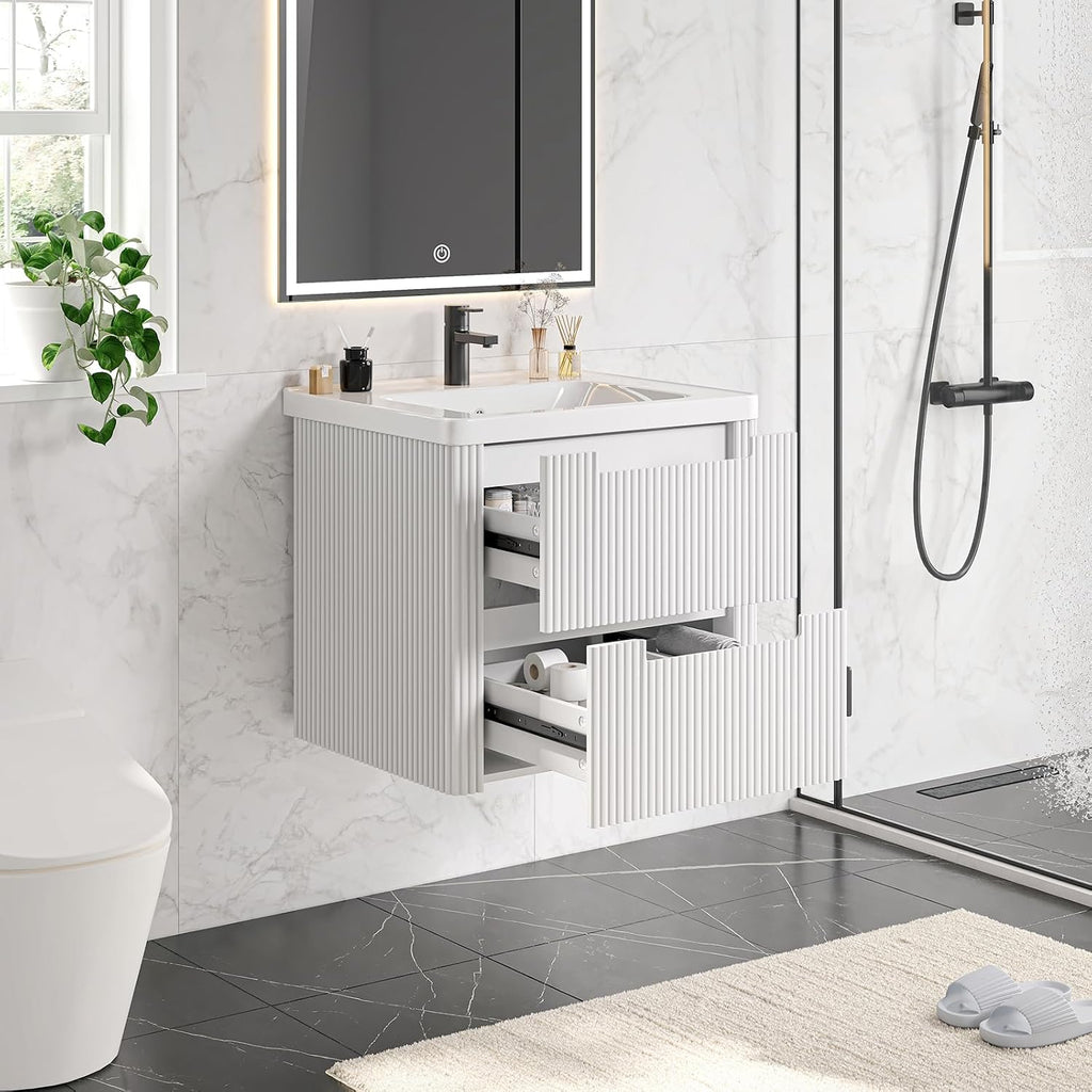 ONBRILL Modern Bathroom Vanity with Sink Combo, Curved Floating Bath Vanity with 2 Drawers, Wall Mount Bathroom Vanities with Integrated Ceramic Sink for Small Space, Apartment (White, 24')