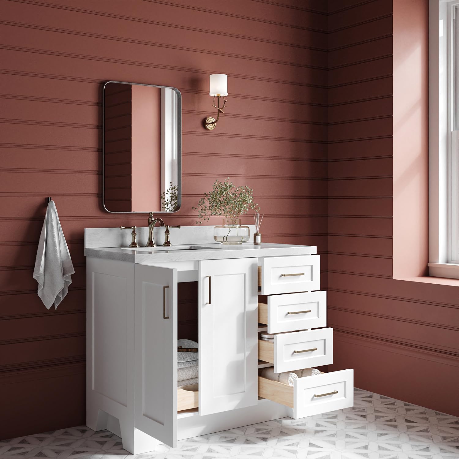ARIEL Taylor 42-inch Bathroom Vanity with Sink,Solid Wood, 1.5-inch Italian Carrara Marble Countertop, Single Rectangular Porcelain Sink, 2 Soft Closing Doors, 5 Dovetail Drawers, White