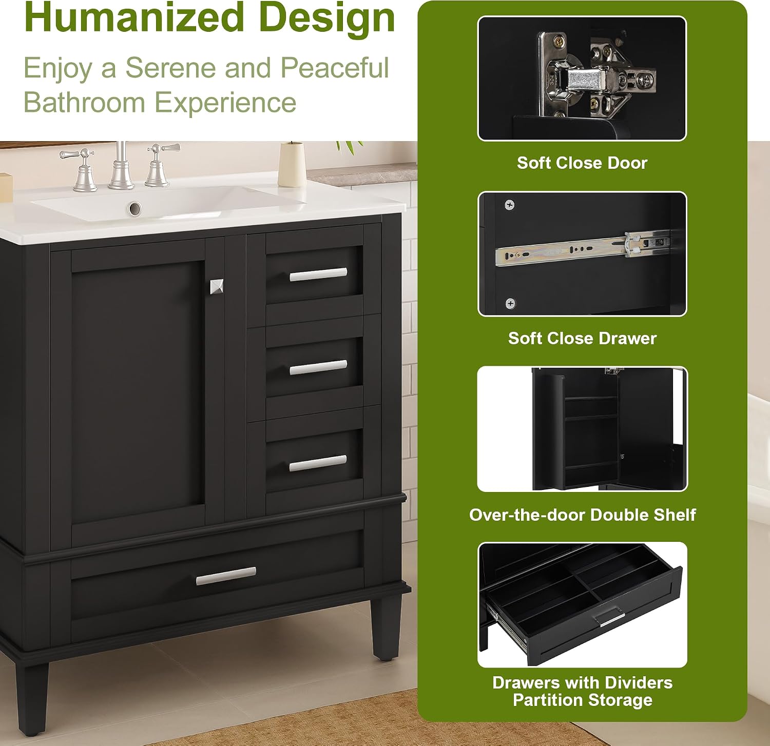 Harper & Bright Designs 30' Bathroom Vanity with Sink, Free Standing Single Basin Vanity Set with One Door, 2 Drawers and Divided Drawers, Wood Bathroom Cabinet with Ceramic Basin for Bathroom, Black