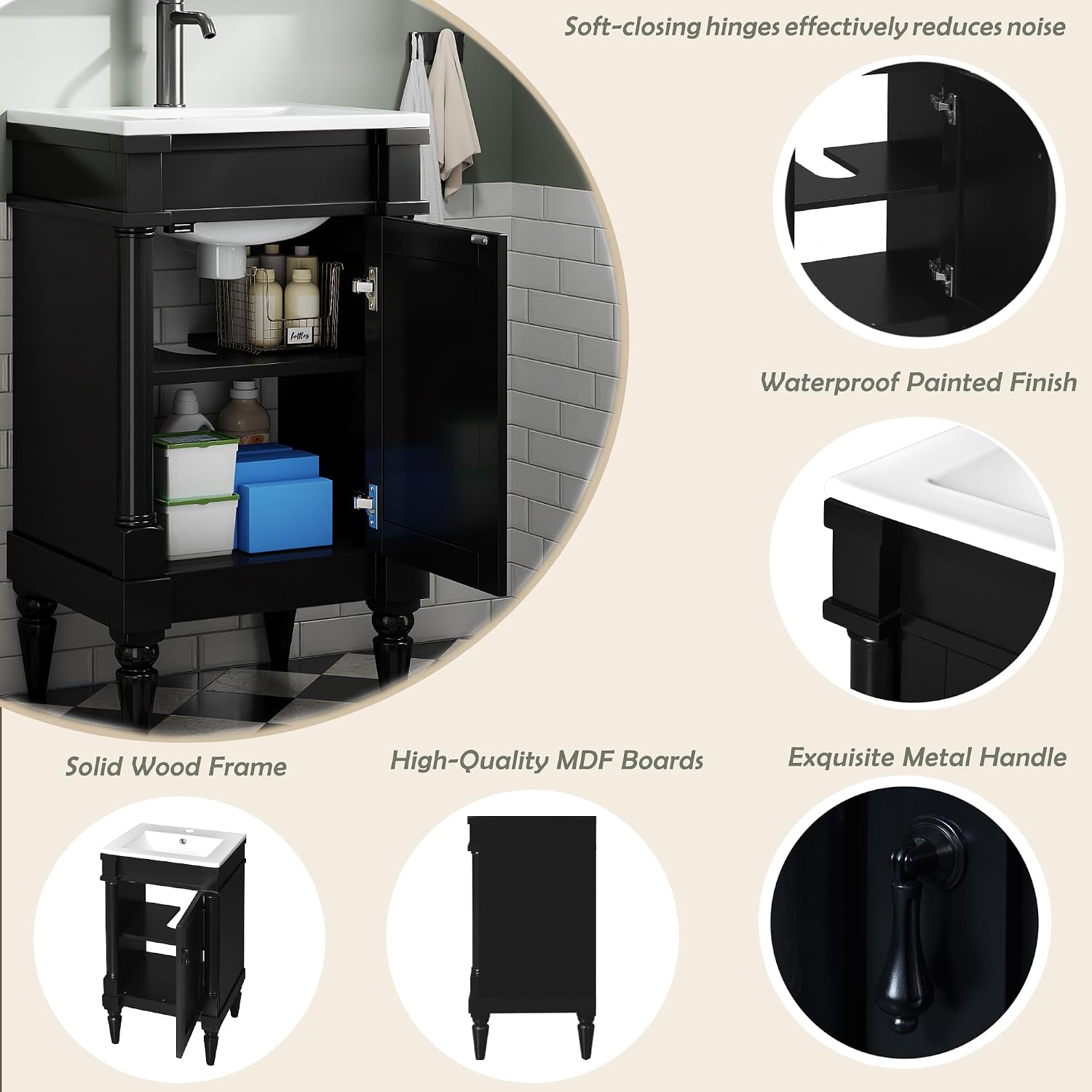 VilroCaz Modern 18'' Bathroom Vanity with Top Sink, Freestanding Bathroom Storage Cabinet with Door and Adjustable Shelf, Single Sink Cabinet with Nordic Style Legs (Black-Retro)