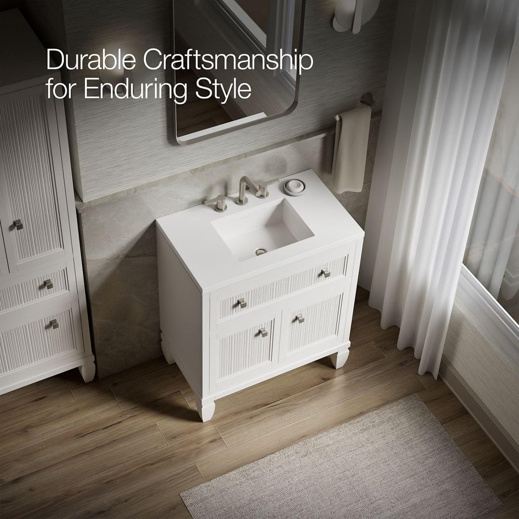 Kohler Hearthaven 30 Inch Bathroom Vanity Cabinet with White Single Sink and Quartz Top, Modern Bathroom Vanity, White, K-33536-ASB-0