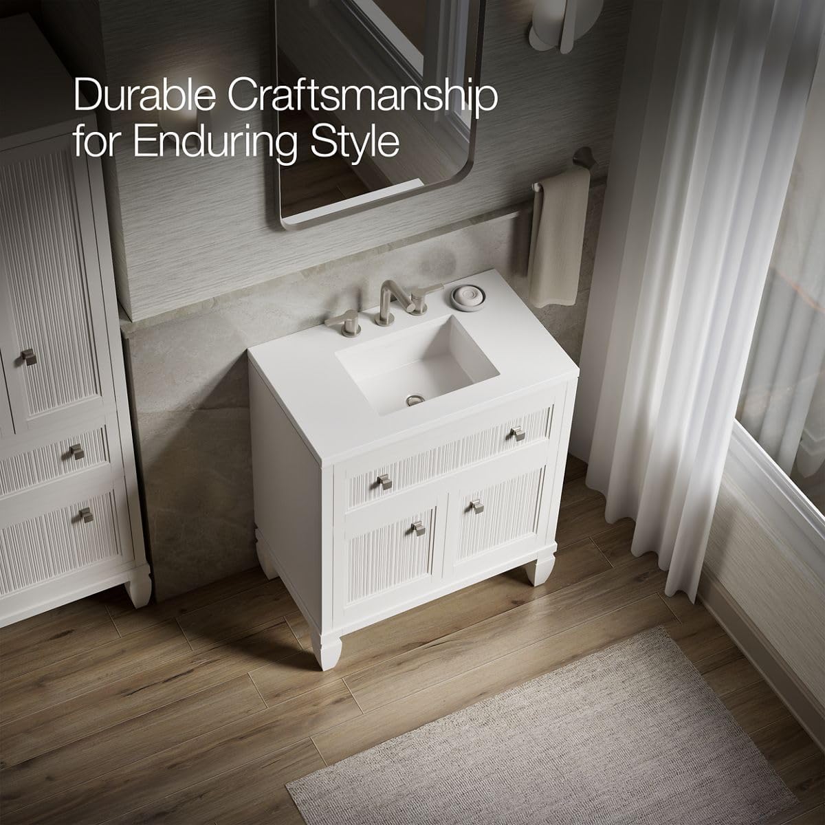 Kohler Hearthaven 30 Inch Bathroom Vanity Cabinet with White Single Sink and Quartz Top, Modern Bathroom Vanity, White, K-33536-ASB-0