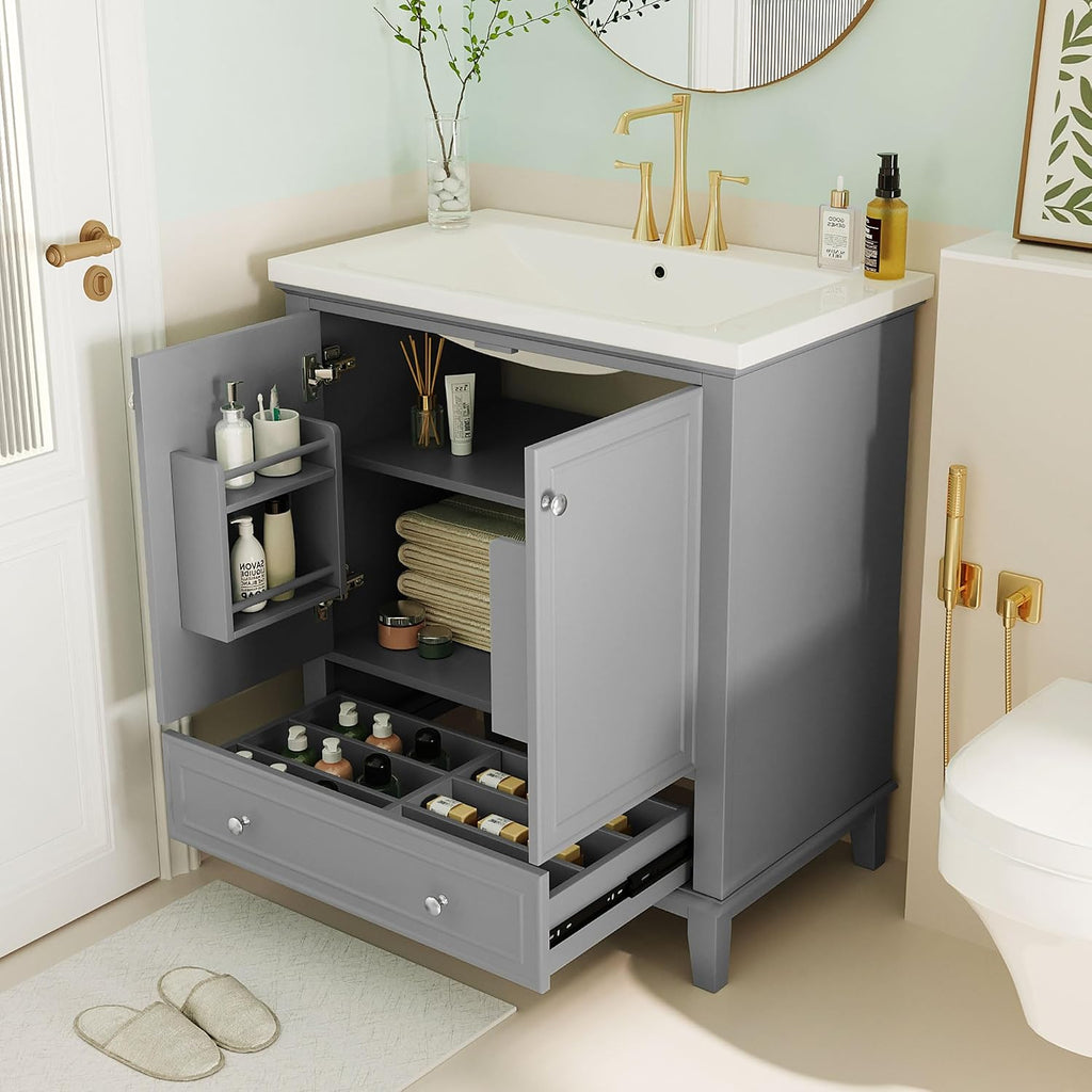 30' Bathroom Vanity Cabinet with Ceramic Sink Top Set, Multi-Functional Drawers and Storage Rack, Soft Closing Doors, Freestanding, Solid Wood Frame & MDF Board, Grey