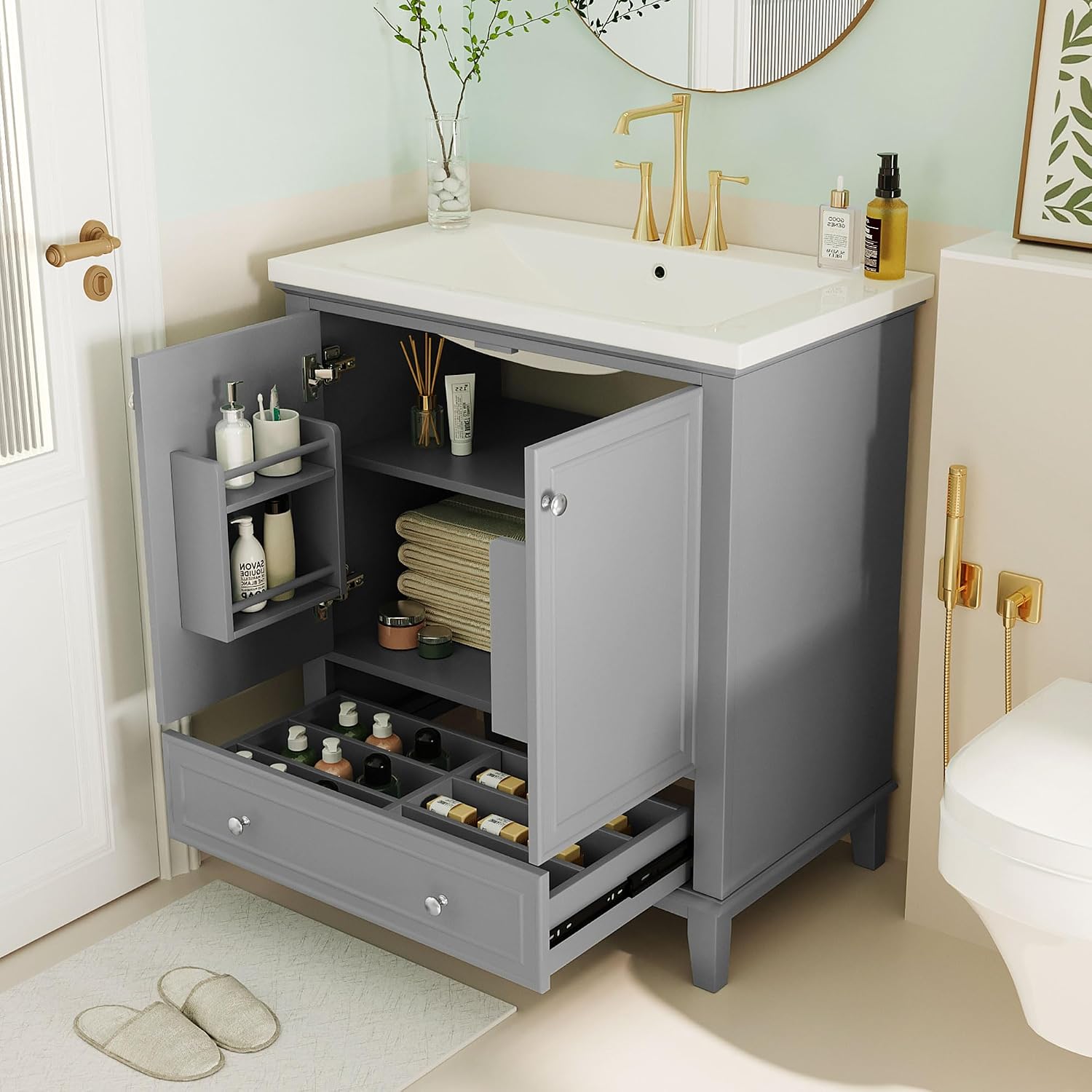 30' Bathroom Vanity Cabinet with Ceramic Sink Top Set, Multi-Functional Drawers and Storage Rack, Soft Closing Doors, Freestanding, Solid Wood Frame & MDF Board, Grey