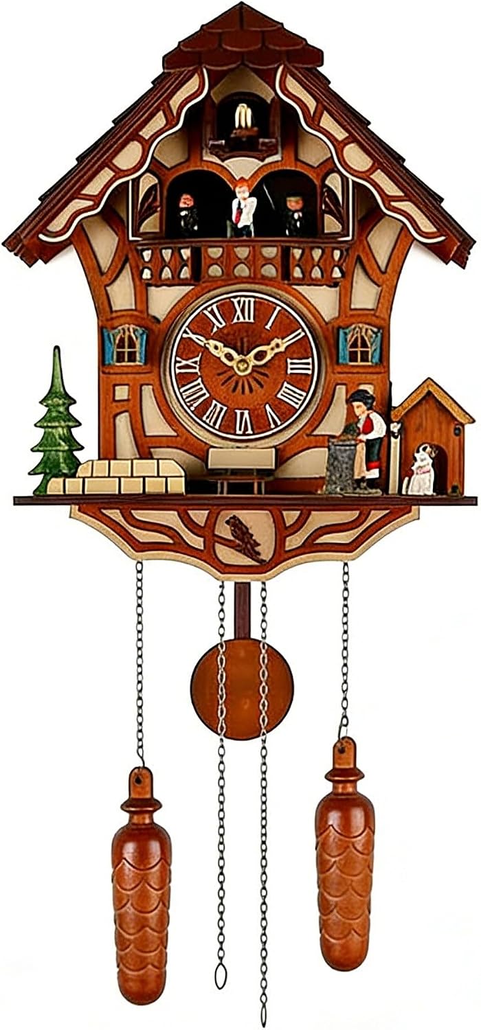 Traditional Black Forest Wooden Cuckoo Clock with Dancing Figures, Handcrafted Wall Clock with Moving Dancers for Dining Room