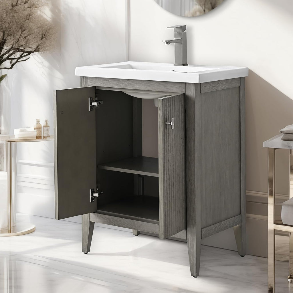 Vanity Art 24 inch Bathroom Vanity with Single Sink & Ceramic Top, Vanity Cabinet with Soft-Closing Door, Solid Wood Frame, Linear Pattern, Driftwood Gray, Golden Brushed Handware VA9124-DG-GB