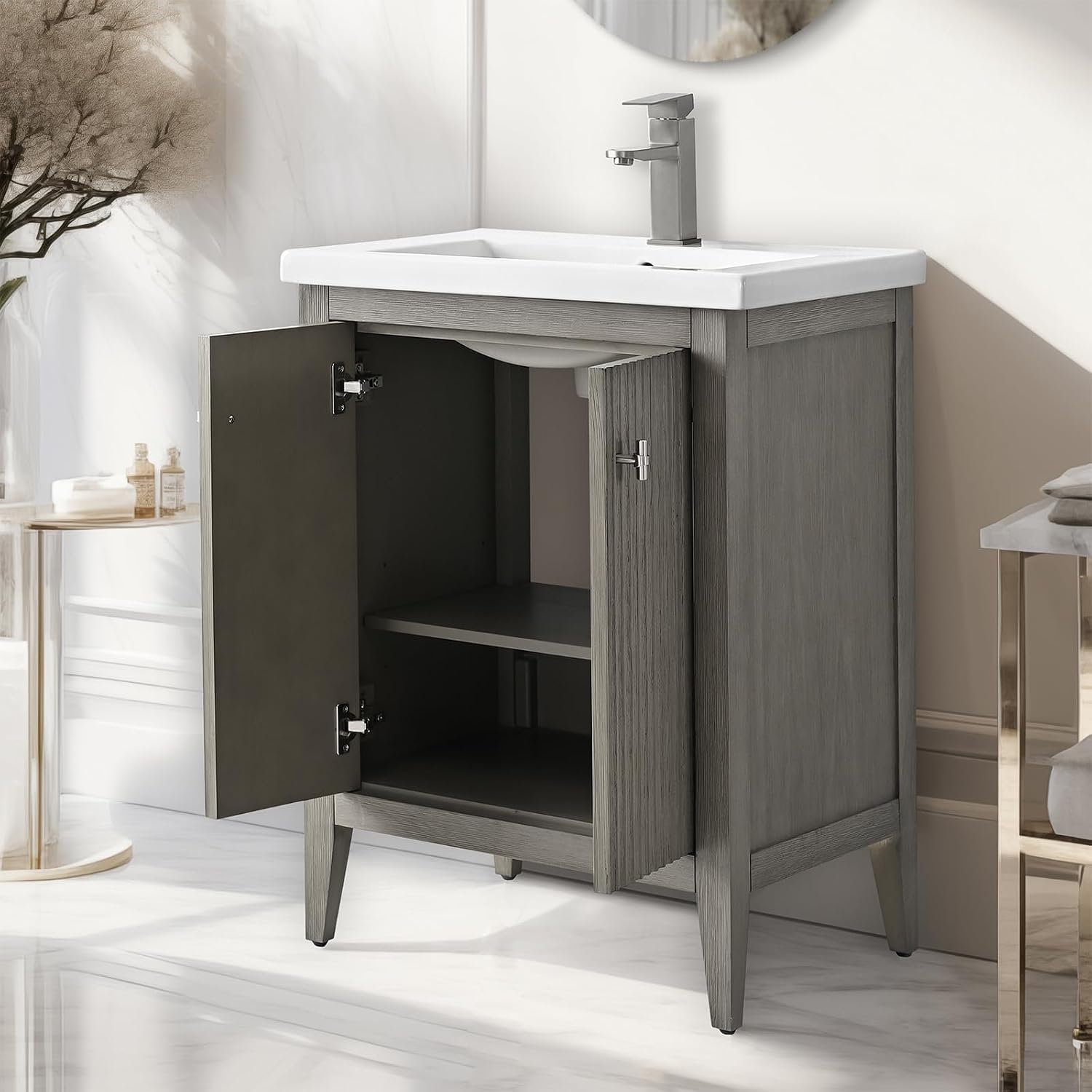 Vanity Art 24 inch Bathroom Vanity with Single Sink & Ceramic Top, Vanity Cabinet with Soft-Closing Door, Solid Wood Frame, Linear Pattern, Driftwood Gray, Golden Brushed Handware VA9124-DG-GB
