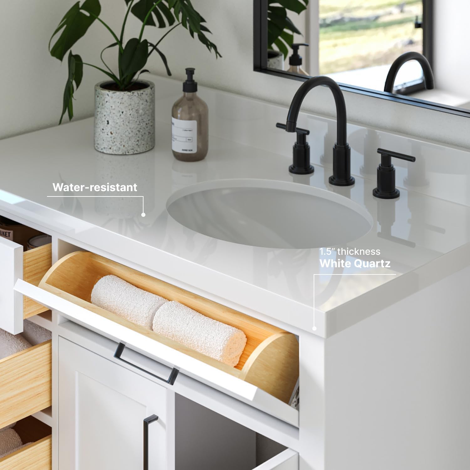 DKB Isabella 42-Inch White Bathroom Vanity with Sink, 1.5-Inch Pure White Quartz Countertop, Solid Wood Frame, Right Oval Undermount Sink, 2 Soft Closing Doors, 5 Dovetail Drawers, Toe Kick