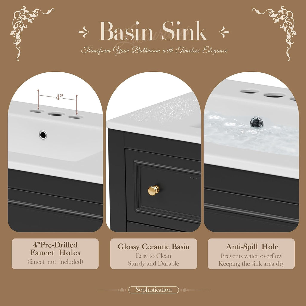 Merax Country 36' Bathroom Vanity with Sink, Farmhouse Bathroom Vanity Storage Cabinet with 4 Drawers and Open Shelf, Solid Wood Frame Bath Storage Vanity