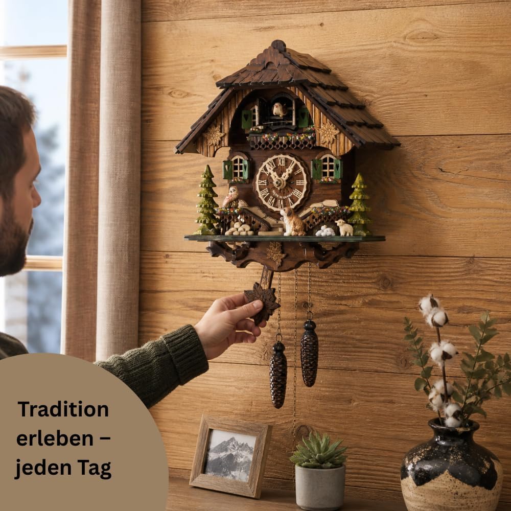 Cuckoo-Palace Saint Bernard Chalet Cuckoo Clock – 32 cm Quartz Clock, Traditional Black Forest House Design, Brown