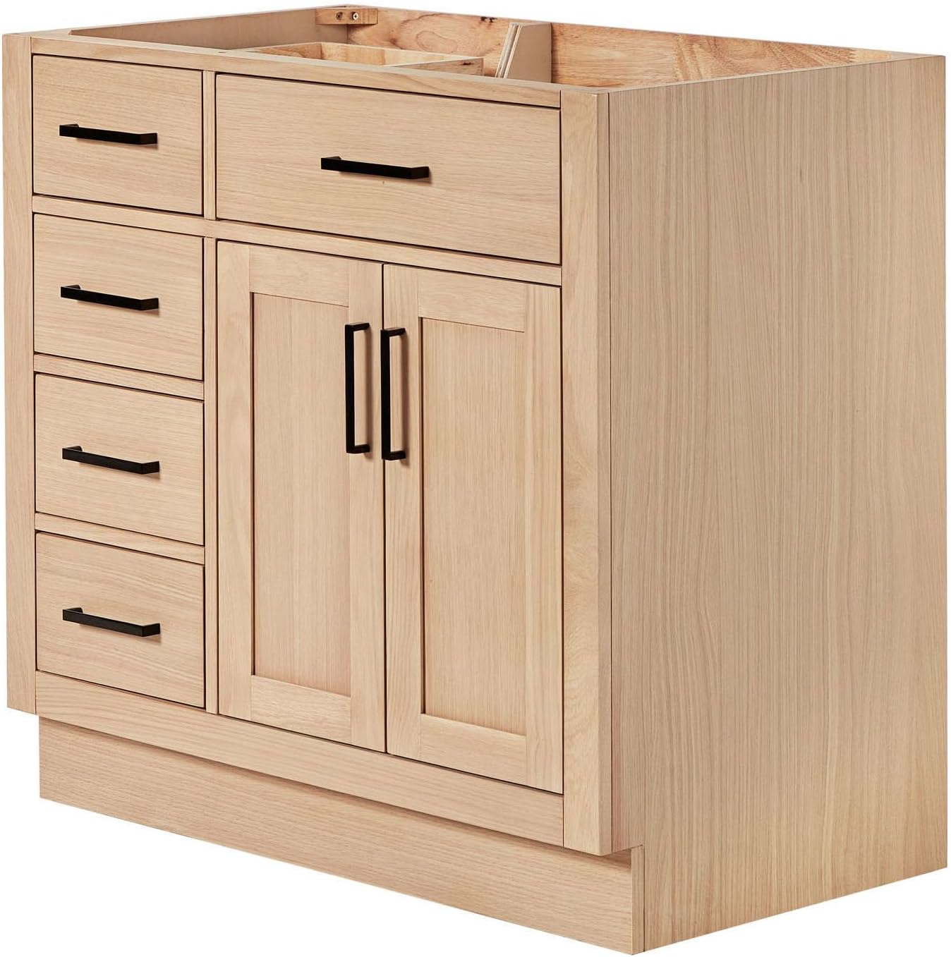 ARIEL Hepburn 36-inch Bathroom Vanity Base Cabinet,Solid Wood, 2 Soft Closing Doors, 5 Dovetail Drawers, White Oak