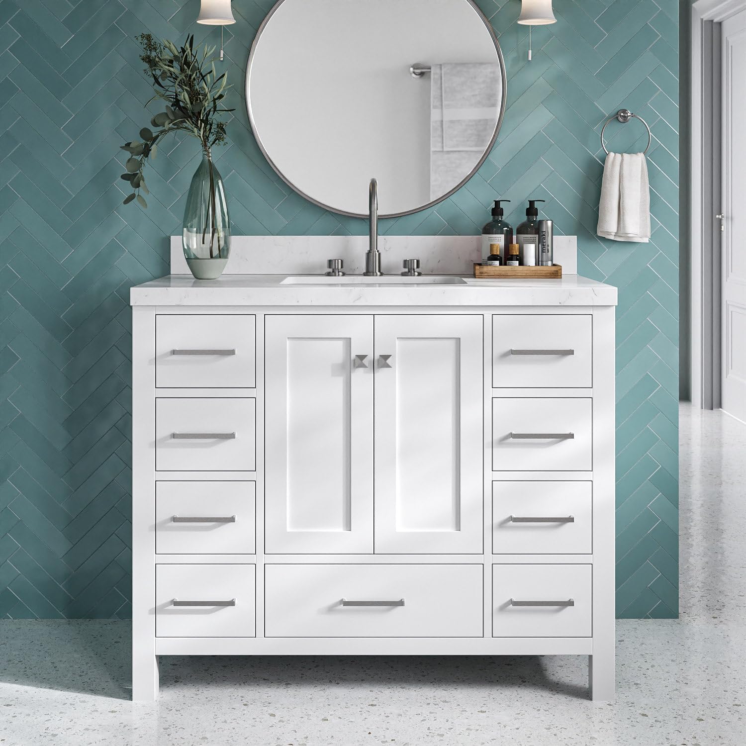 ARIEL Cambridge 42-inch Bathroom Vanity with Sink,Solid Wood, 1.5-inch Carrara White Quartz Countertop, Single Rectangular Porcelain Sink, 2 Soft Closing Doors, 9 Dovetail Drawers, White