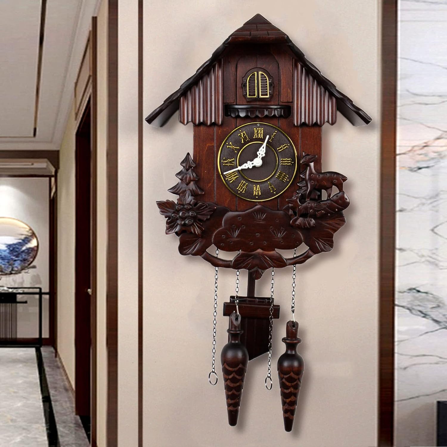 Cuckoo Clocks,Wall Clock,Cuckoo Clocks for Wall,Solid Wood Cuckoo Clock Vintage Singing Bird,Home Decor and Swinging Pendulum Cuckoo Clock Hand Carved