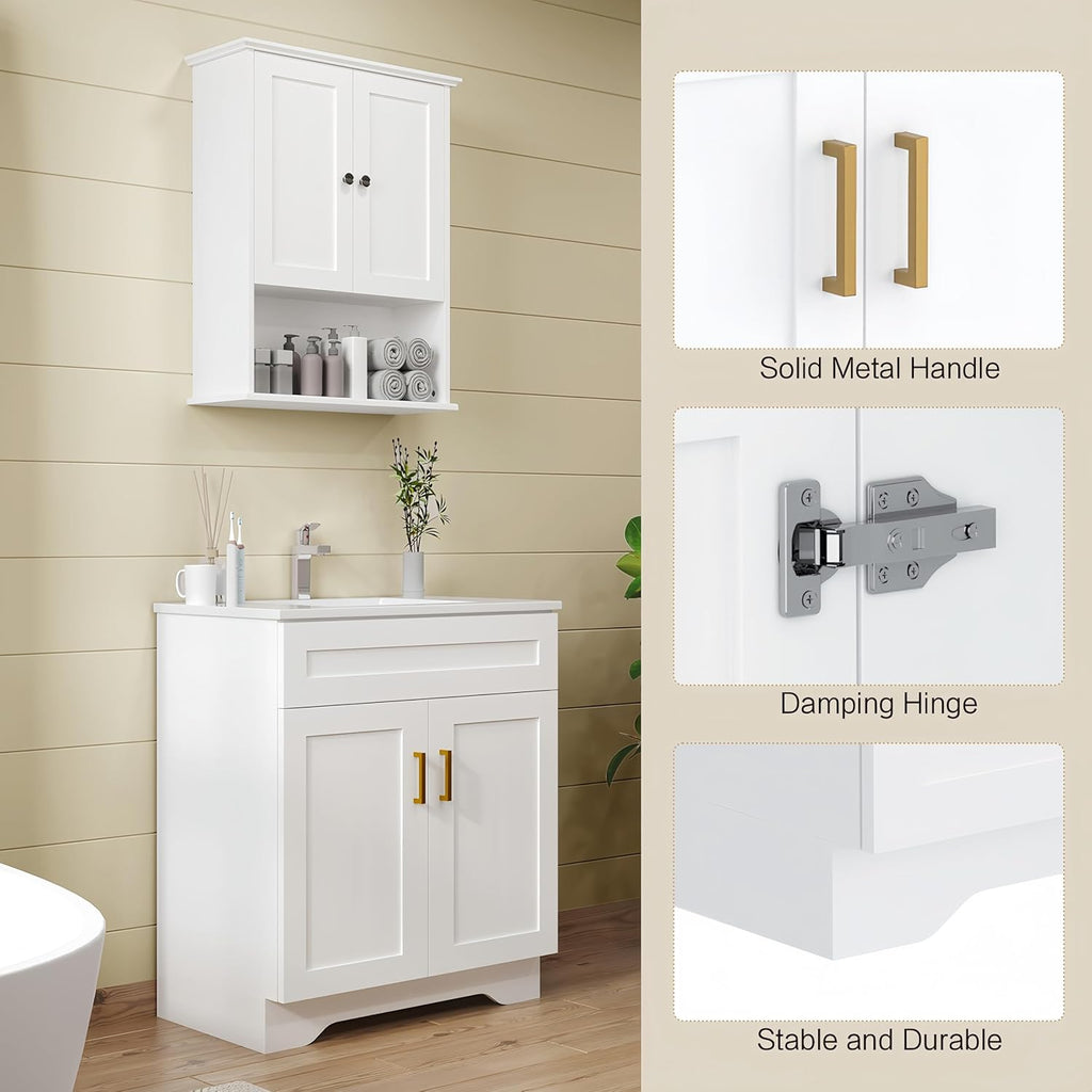 30 Inch Bathroom Vanity with Sink, Modern Bathroom Vanity with Ceramic Basin and Countertop, Easy Assembly (White)