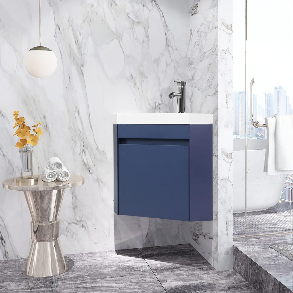 wonline 22' Corner Bathroom Vanity Sink Combo for Small Space Wall Mounted Cabinet Set Design Navy Resin Basin Sink Top Chrome Faucet and Drain