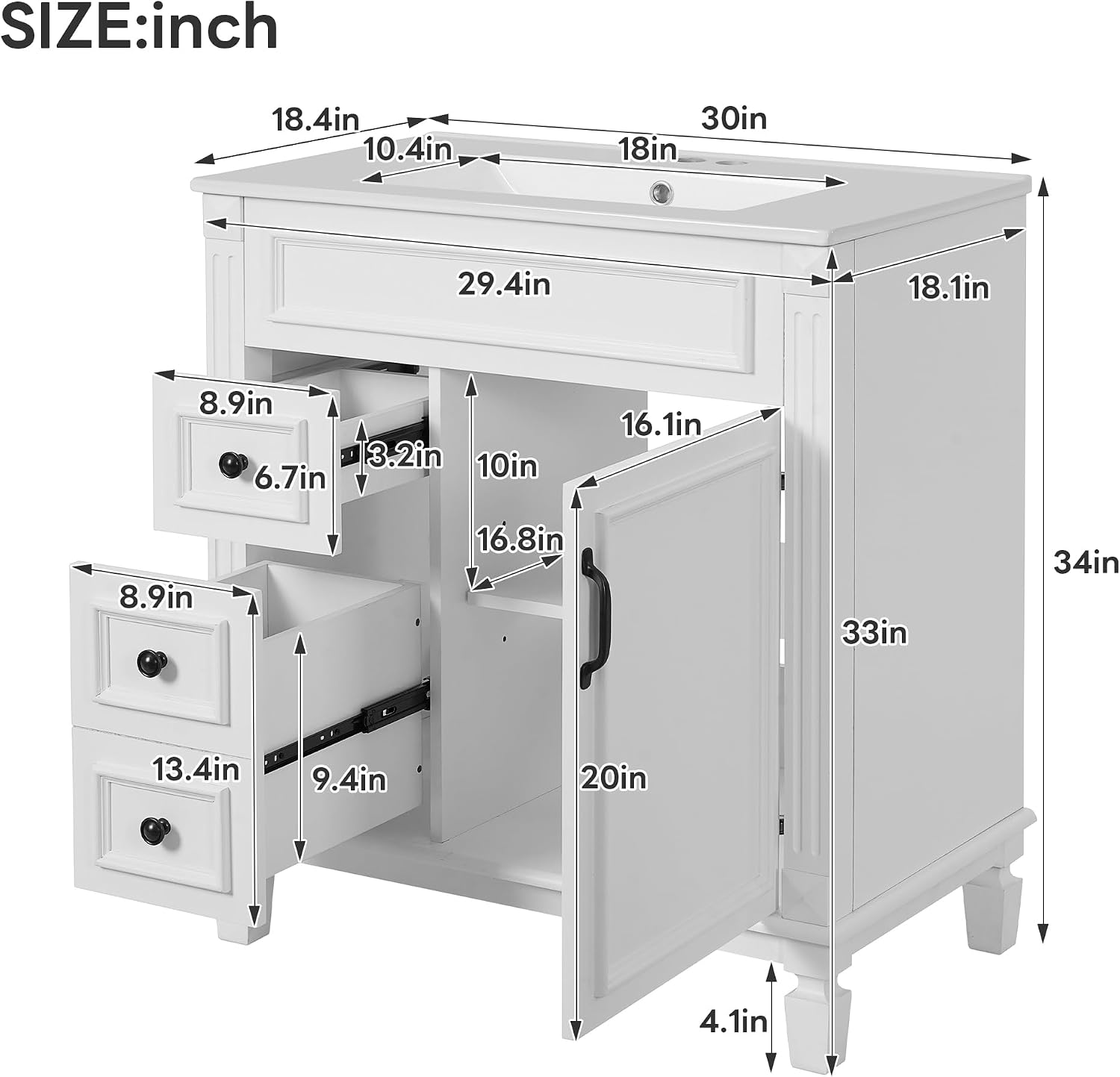 30 Inch White Bathroom Vanity with Sink & & Black Handles,Modern Bathroom Vanity with 2 Left Hand Drawers & Adjustable Shelf,Soft Closing Doors,Solid Wood Frame,French Embossed Front