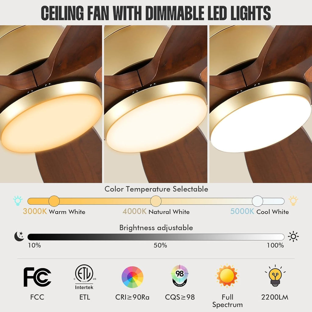 72 inch Gold Ceiling Fans with Lights and Remote, Large Airflow Solid Wood Ceiling Fan with 5 Blades, 3CCT Dimmable, Indoor Quiet DC Motor Celing Fans Exterior for Covered Patios Porch
