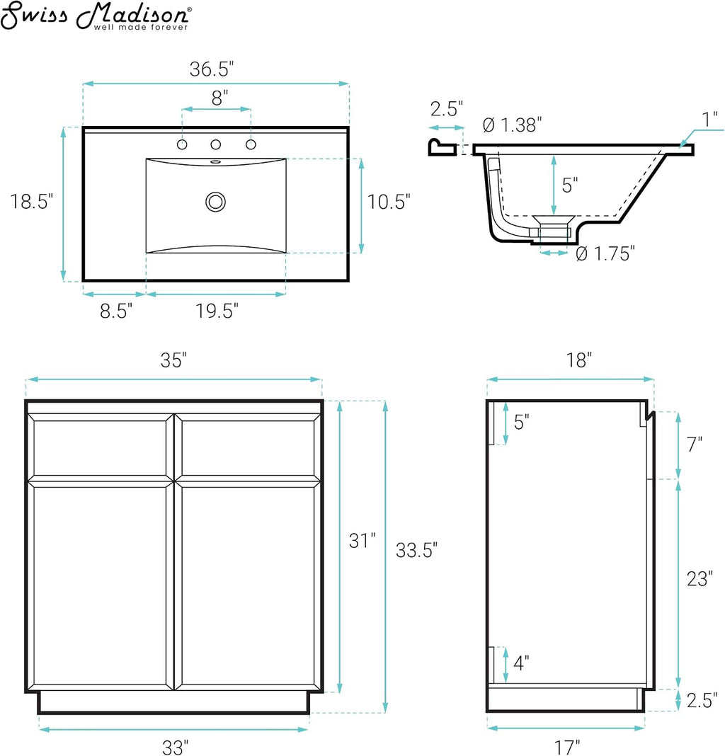 St. Tropez 36' Freestanding Bathroom Vanity in Brown Oak with Black 3-Hole Widespread Sink Top