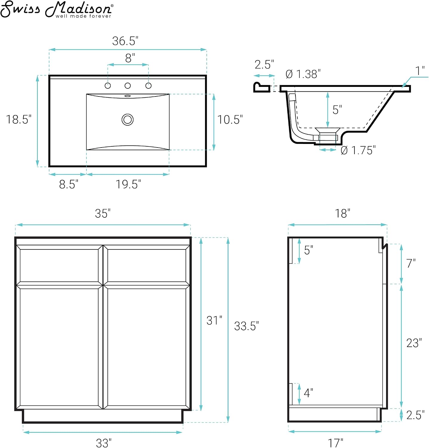 St. Tropez 36' Freestanding Bathroom Vanity in Brown Oak with Black 3-Hole Widespread Sink Top