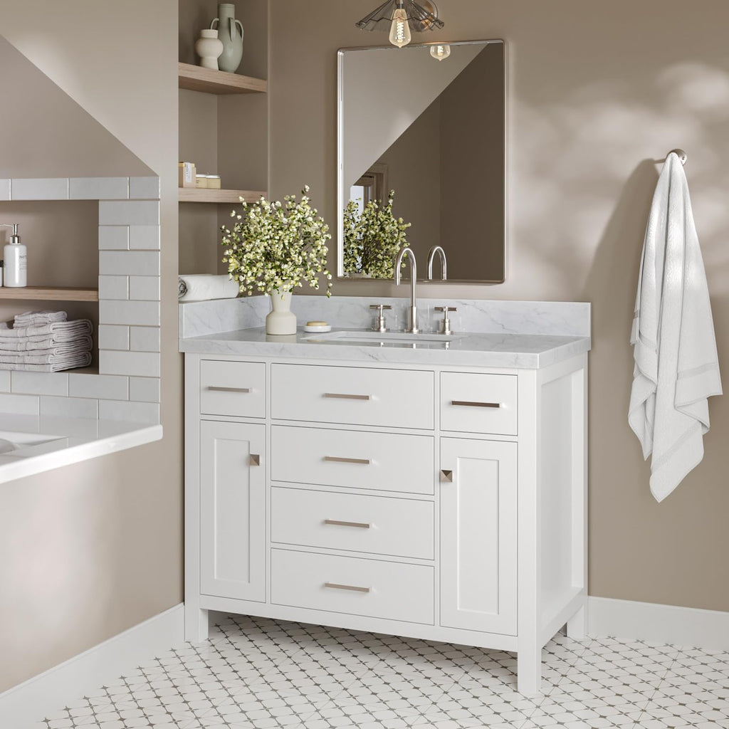ARIEL 48' White Bathroom Vanity with Sink, 1.5' Edge Italian Carrara Marble Countertop, Rectangular Undermount Sink, 2 Soft Closing Doors, 5 Dovetail Drawers