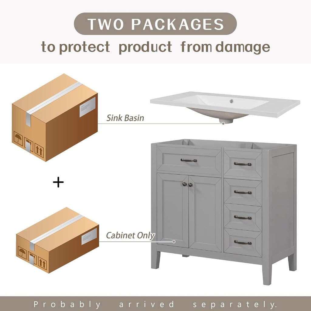 LUMISOL 36 Inch Bathroom Vanity with Ceramic Sink, Solid Wood Bathroom Storage Cabinet with 3 Drawers & 2 Doors, Freestanding Vanity, Grey