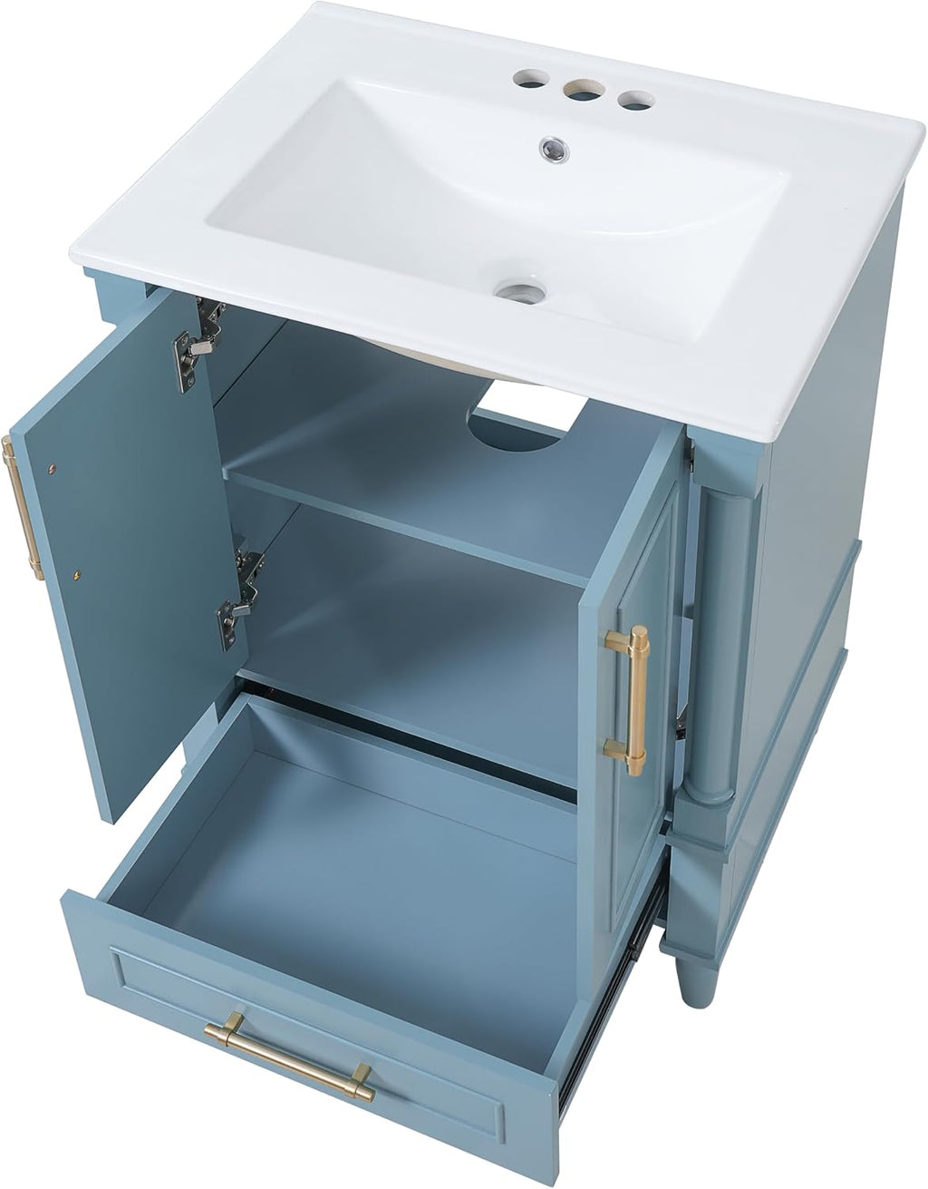 VilroCaz 24' Modern Bathroom Vanity with Ceramic Sink, Ornate Motif Design Doors & Soft-Close Hinges, Wood Bathroom Cabinet with Drawer, Ornately Carved French Cylinder Legs (Blue-4.23)