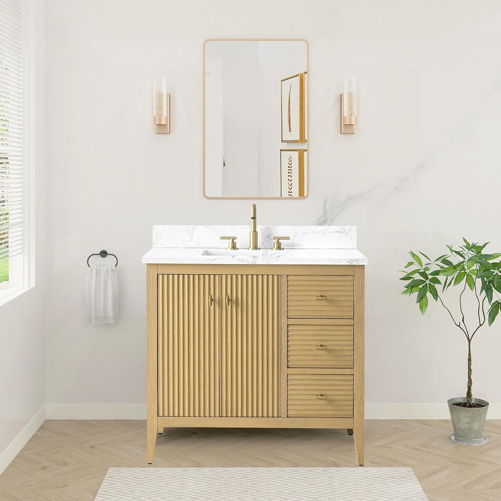 HOMEBEYOND 36' Bathroom Vanity with Sink, Solid Wood Bathroom Vanity Free-Standing Cabinet, Drawers, Ceramic Top & Soft Closing Door, Golden Brushed Handware, Natural Oak