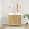 HOMEBEYOND 36' Bathroom Vanity with Sink, Solid Wood Bathroom Vanity Free-Standing Cabinet, Drawers, Ceramic Top & Soft Closing Door, Golden Brushed Handware, Natural Oak