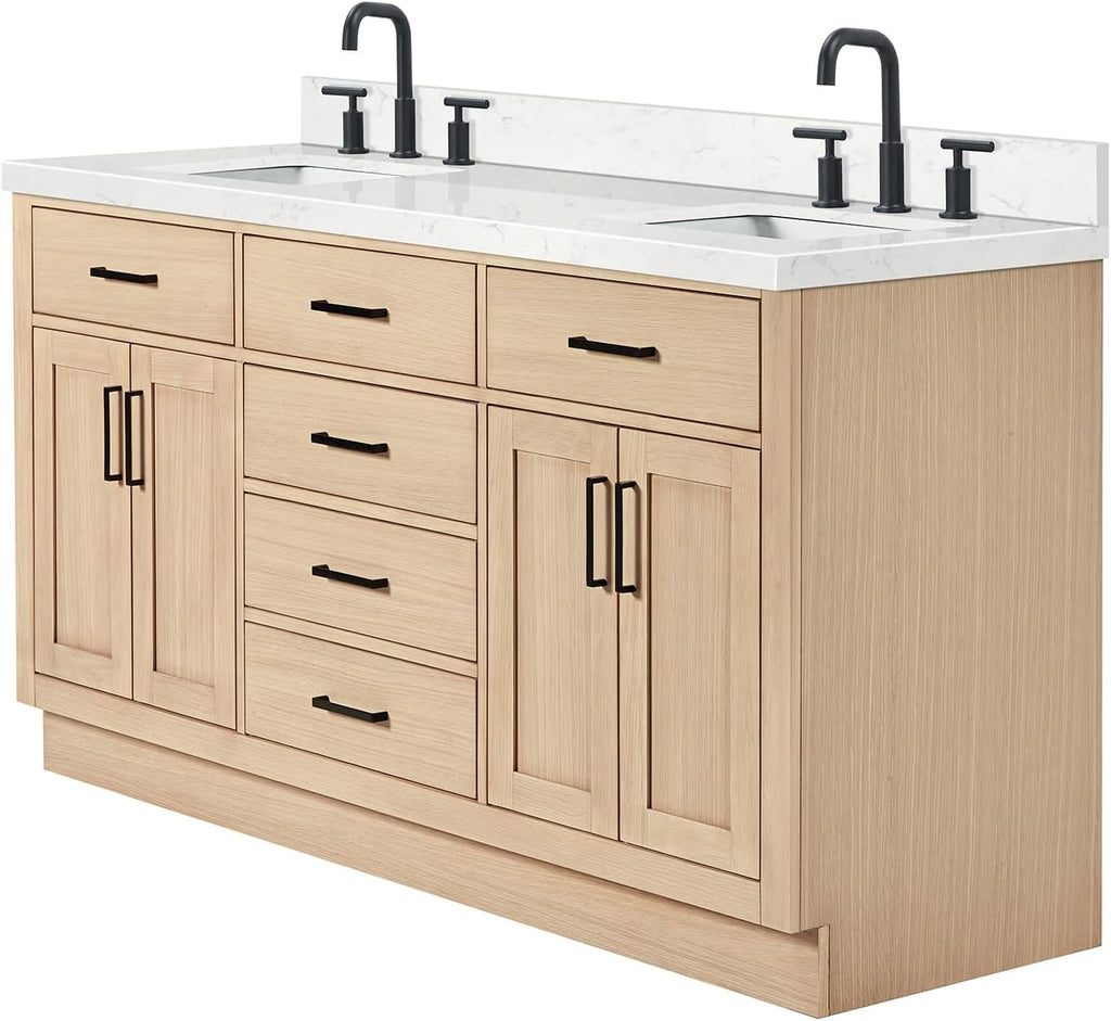 ARIEL Hepburn 66-inch Bathroom Vanity with Sink,Solid Wood, 1.5-inch Carrara White Quartz Countertop, Double Rectangular Porcelain Sink, 4 Soft Closing Doors, 6 Dovetail Drawers, White Oak