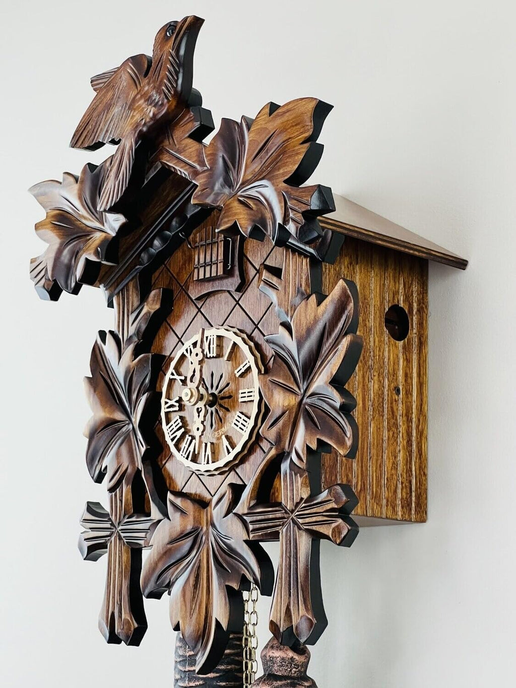 Traditional German Cuckoo Clock with Five Hand-Carved Maple Leaves and One Bird, 14-Inch Tall