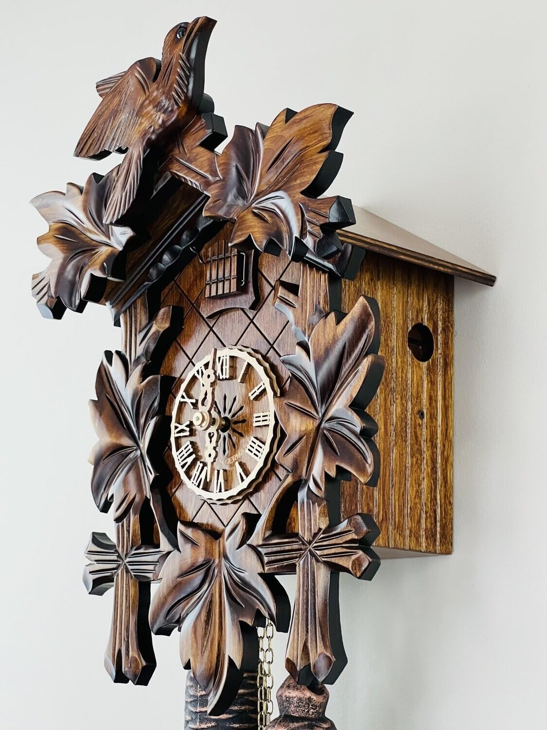 Traditional German Cuckoo Clock with Five Hand-Carved Maple Leaves and One Bird, 14-Inch Tall