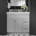 DKB Bradford 36-Inch Grey Bathroom Vanity with 1.5-Inch Edge Italian Carrara Marble Countertop & Backsplash, Left Oval Sink, 2 Soft-Closing Doors, 2 Dovetail Drawers, Brushed Nickel Hardware