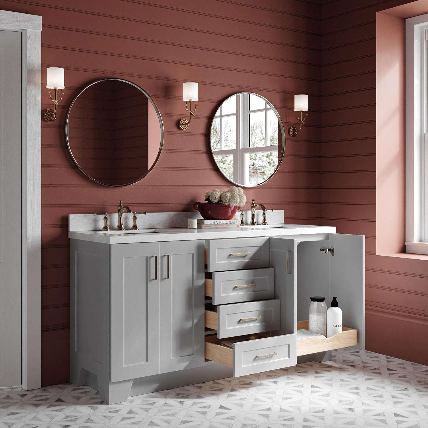 ARIEL Taylor 66-inch Bathroom Vanity with Sink,Solid Wood, 1.5-inch Italian Carrara Marble Countertop & Backsplash, Double Rectangular Porcelain Sink, 4 Soft Closing Doors, 5 Dovetail Drawers, Grey