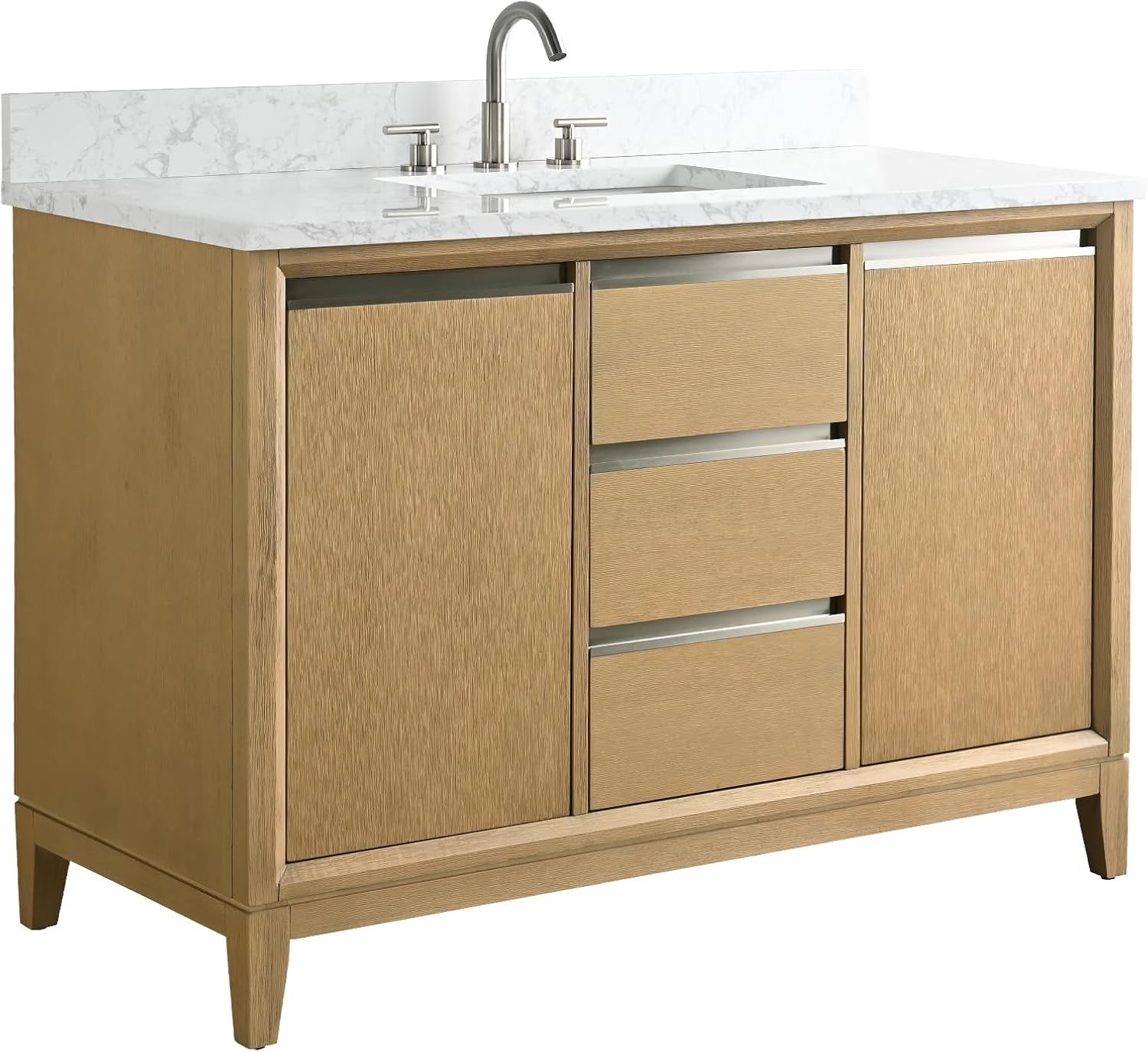 HOMEBEYOND 48 Inch Bathroom Vanity with Single Sink & Ceramic Top, Vanity Cabinet with Solid Wood Frame, Soft-Closing Doors, Drawers, Natural Oak