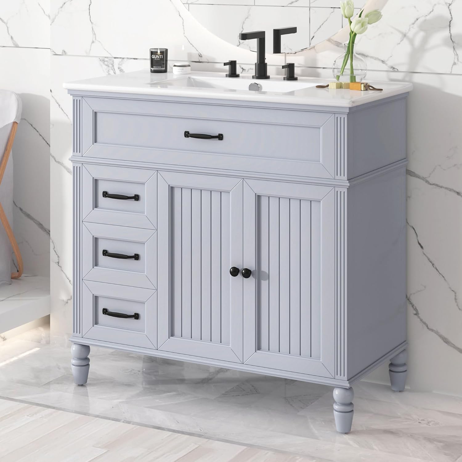 Harper & Bright Designs 36' Bathroom Vanity with Sink, Free Standing Single Basin Vanity Set with 2 Drawers & 2 Doors, Solid Wood Bathroom Cabinet with Ceramic Basin for Bathroom, Grey
