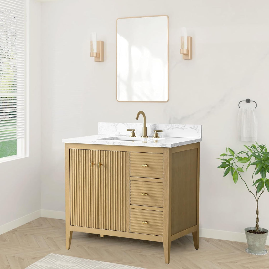 HOMEBEYOND 36' Bathroom Vanity with Sink, Solid Wood Bathroom Vanity Free-Standing Cabinet, Drawers, Ceramic Top & Soft Closing Door, Golden Brushed Handware, Natural Oak
