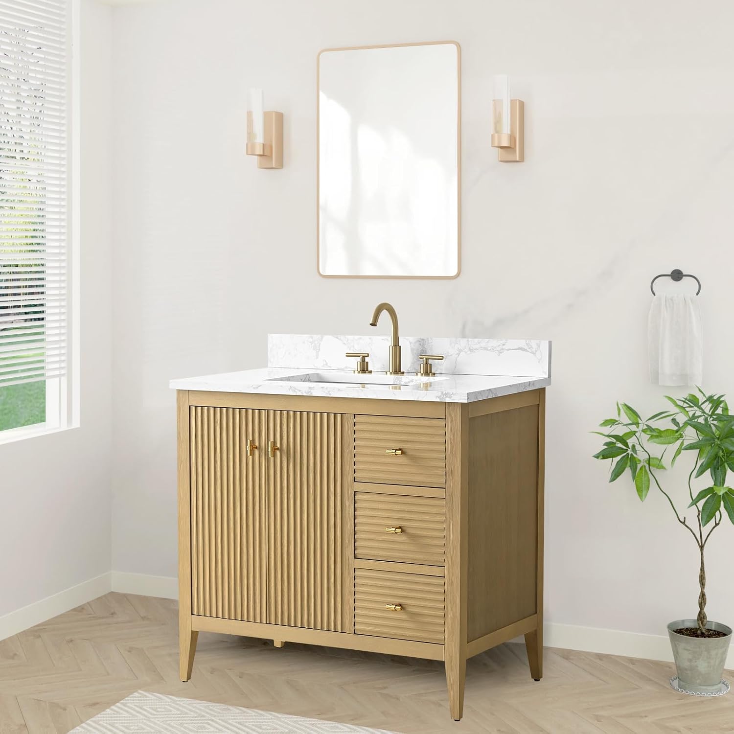 HOMEBEYOND 36' Bathroom Vanity with Sink, Solid Wood Bathroom Vanity Free-Standing Cabinet, Drawers, Ceramic Top & Soft Closing Door, Golden Brushed Handware, Natural Oak