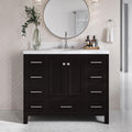DKB Beckford 42-Inch Espresso Bathroom Vanity with Sink, Solid Wood Frame, Carrara White Quartz Countertop 1.5-Inch Edge, Oval Undermount Sink, 2 Soft Closing Doors, 9 Drawers