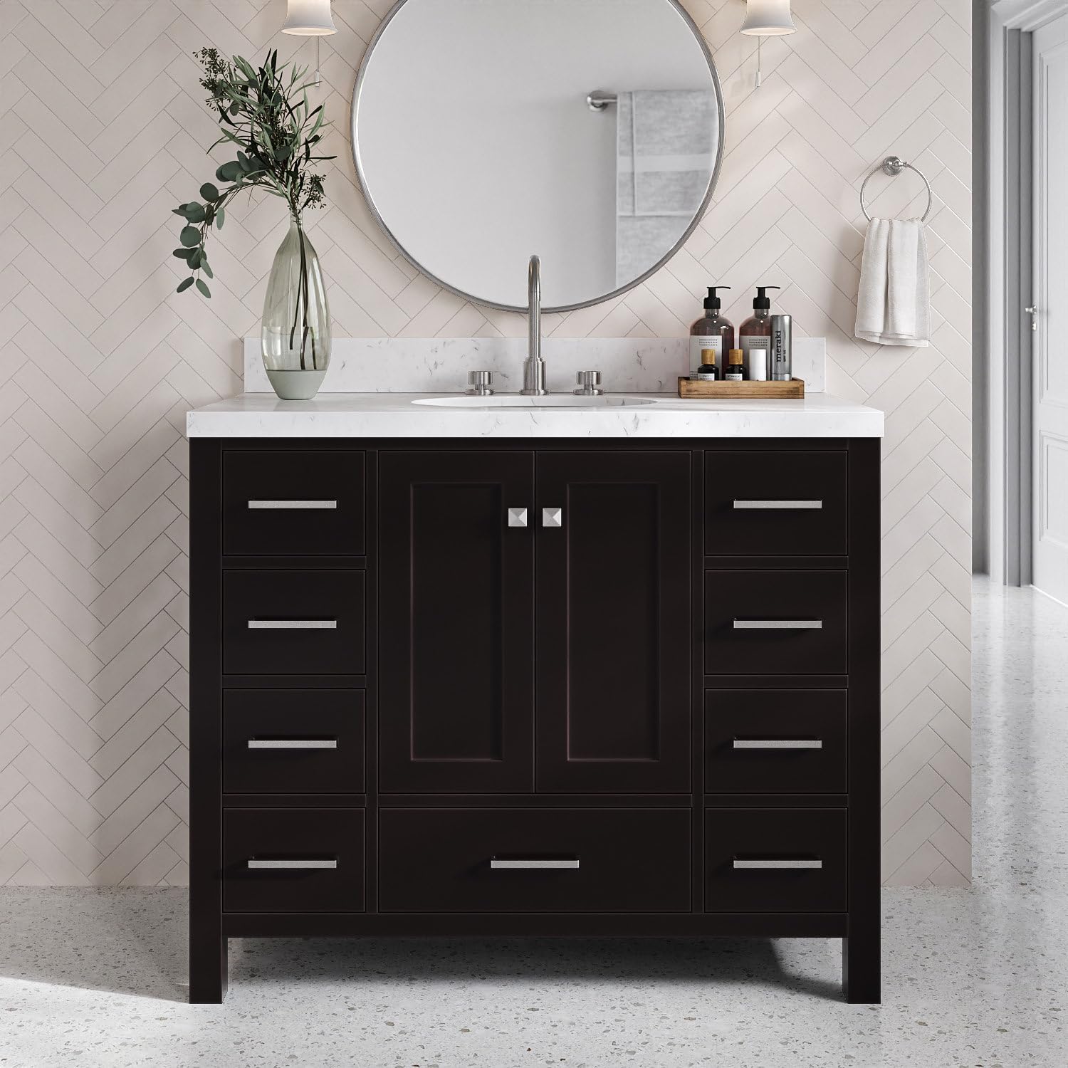 DKB Beckford 42-Inch Espresso Bathroom Vanity with Sink, Solid Wood Frame, Carrara White Quartz Countertop 1.5-Inch Edge, Oval Undermount Sink, 2 Soft Closing Doors, 9 Drawers