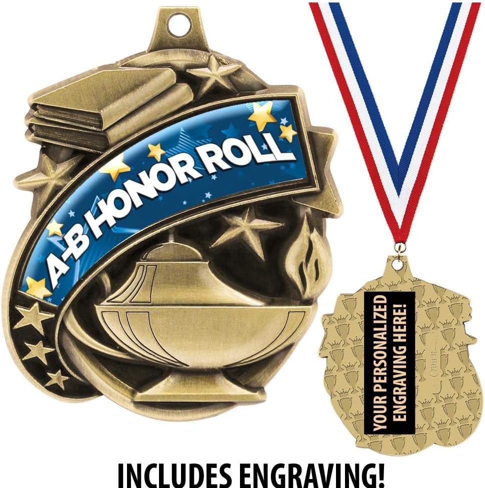AB Honor Roll Medals - 1 1/2' Gold A-B Honor Roll Medal, Great Academic Awards with Custom Engraving Prime