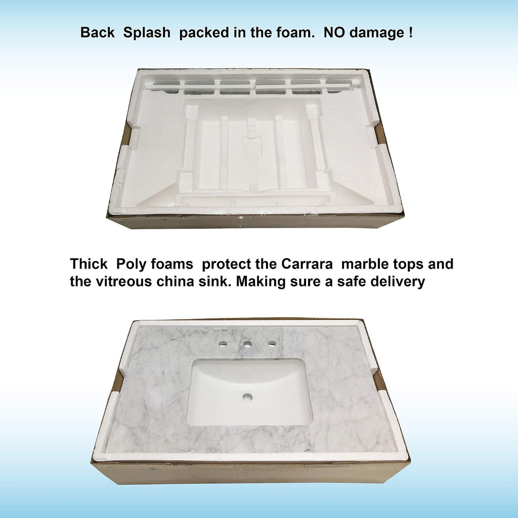 WOODBRIDGE 37' x22' Vanity Top with Single Under Mount Rectangle Bowl, Carrara White Marble, Pre-drilled with 3-hole for 8-inch Widespread Faucet set up Option, CAVT3722-8