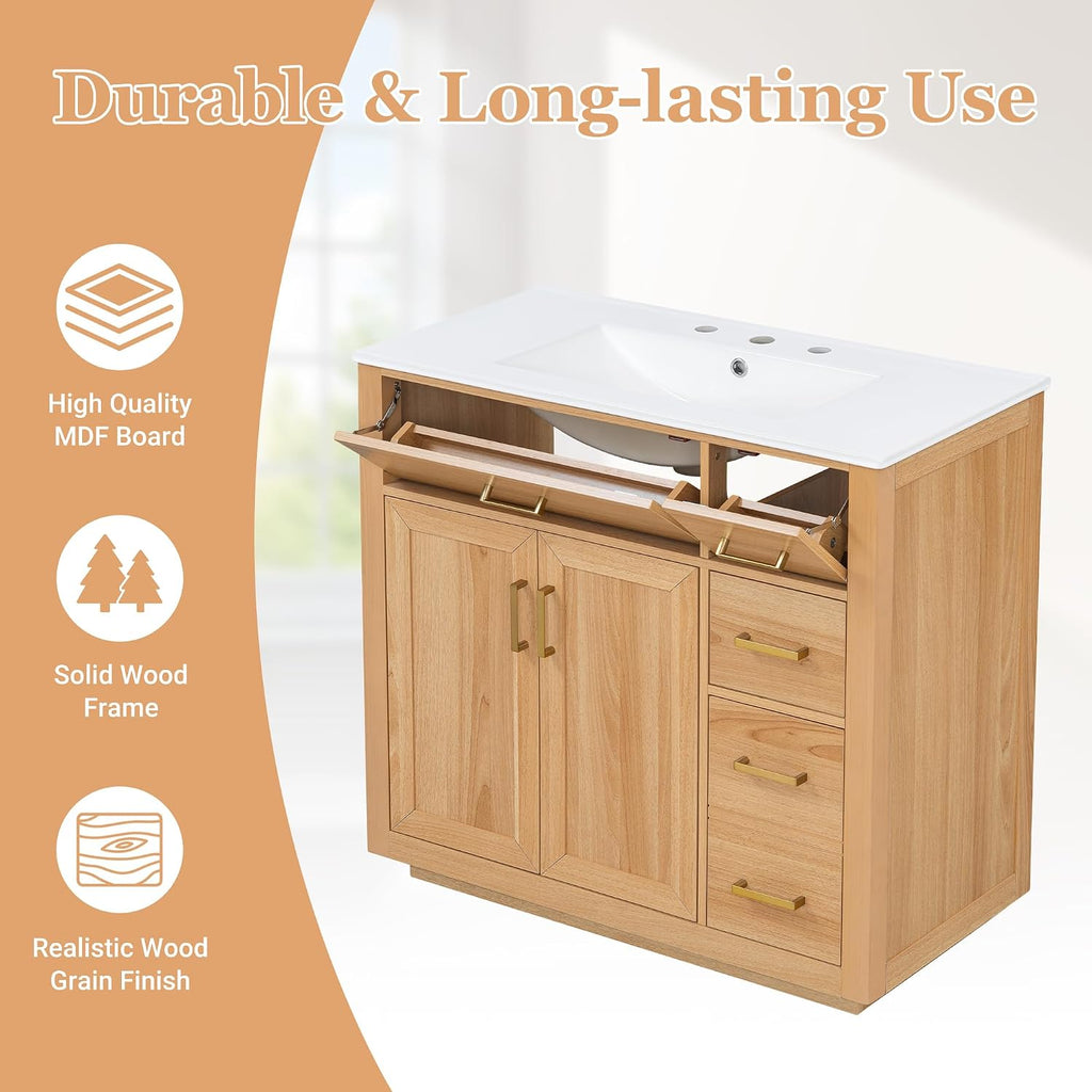 36-inch Bathroom Vanity with Sink Combo, Free-Standing Single Storage Cabinet with 2 Soft-Close Doors & 4 Drawers, Modern Natural Wood Grain Vanity with Ceramic Basin for Bathroom (Wood)