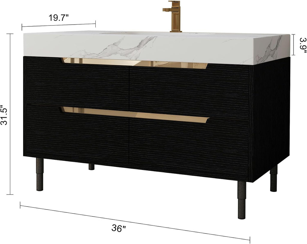 Glintee 36' Modern Bathroom Vanity with Ceramic Sink – Sintered Stone Top, 4 Soft-Close Drawers, Sturdy Solid Wood Cabinet, Wall-Mounted or Freestanding, Easy Assembly, Black & White