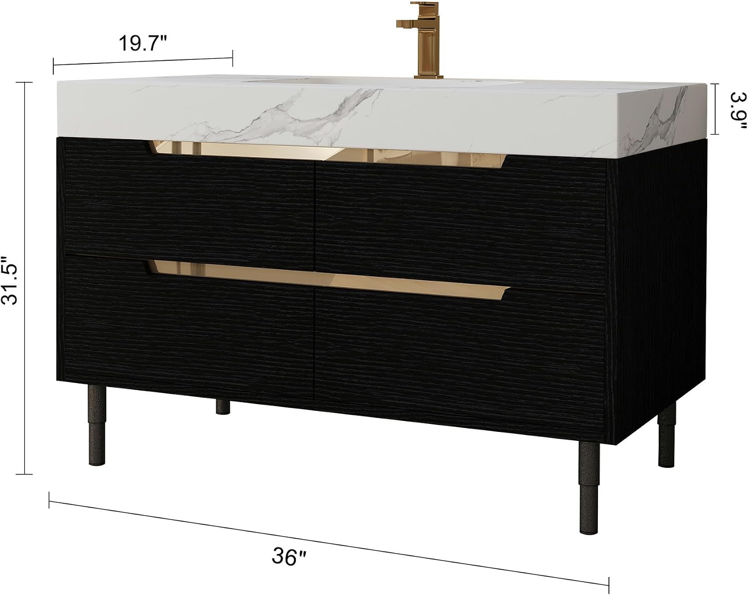 Glintee 36' Modern Bathroom Vanity with Ceramic Sink – Sintered Stone Top, 4 Soft-Close Drawers, Sturdy Solid Wood Cabinet, Wall-Mounted or Freestanding, Easy Assembly, Black & White