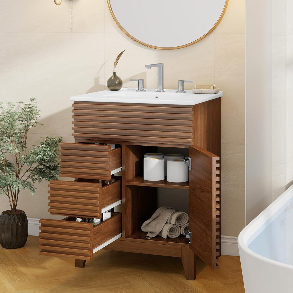 Vabches Bathroom Vanity with Sink Combo, Mid-Century Bathroom Cabinet with 3 Storage Drawers, Freestanding Storage Cabinet with Soft Closing Door, Vintage Sink Vanity with Wood Grain Laminate, Walnut